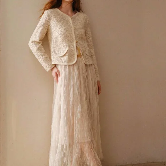 Apricot Elegant Women's Hollow-Out Bohemian Cashew Flower Pattern Coat - Picture 4 of 7